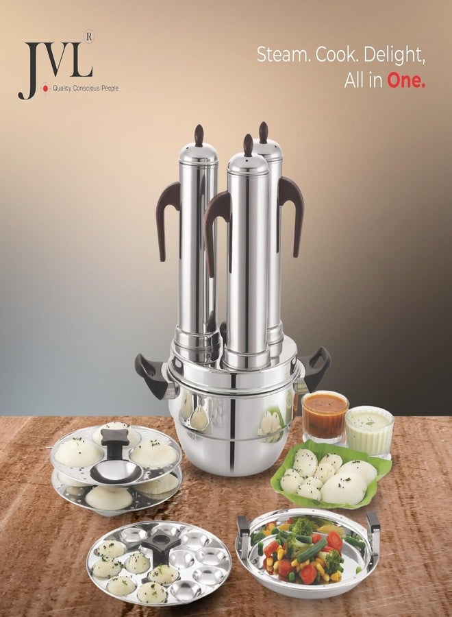 JVL Stainless Steel Puttu Maker with Triply Base (Stainless Steel, 3 Puttu, 2 Idly, 1 Mini Idly & Dhokla Plates) - Image 3